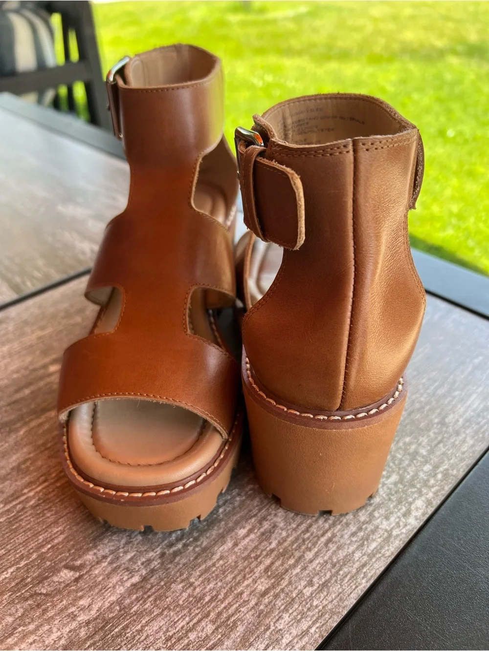 Blondo Hayslee Cognac Leather Water-Resistant Chunky Lug Wedge Sandals Size 7.5